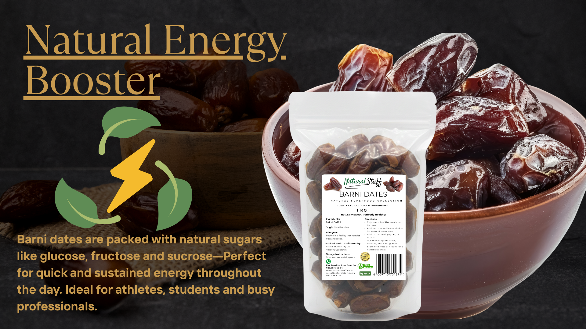 Bowl of dates with a package labeled 'Natural Energy Booster' on a dark background