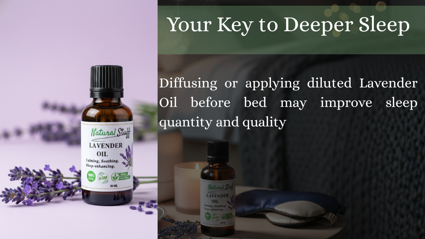 Lavender oil bottle with text about improving sleep quality on a blurred background