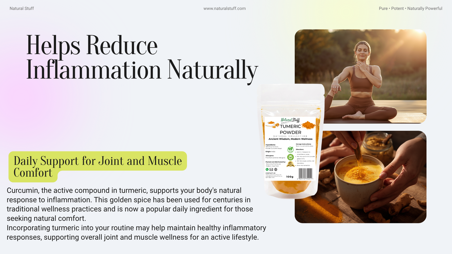 Advertisement for a natural product with text about reducing inflammation and joint muscle comfort.
