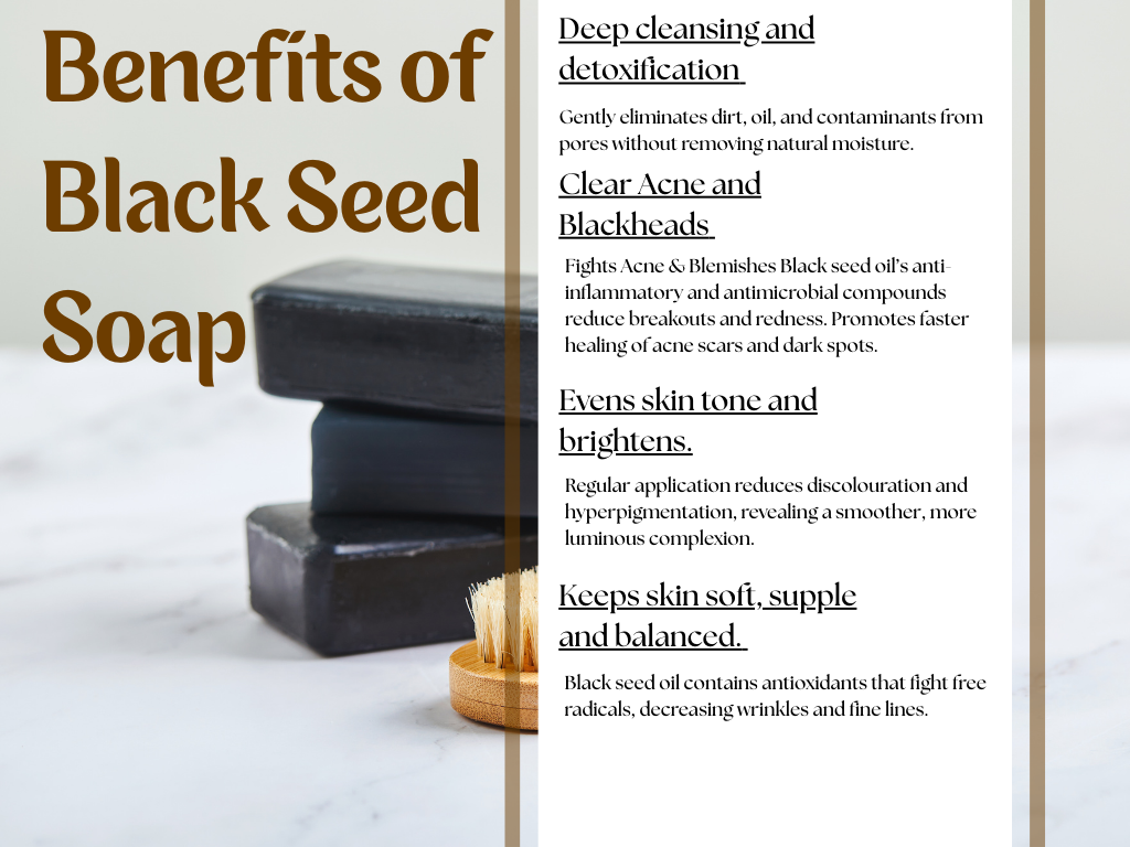 Black seed soap with text detailing its benefits on a white background