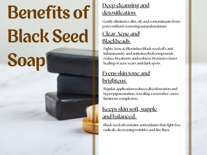 Black seed soap with text detailing its benefits on a white background