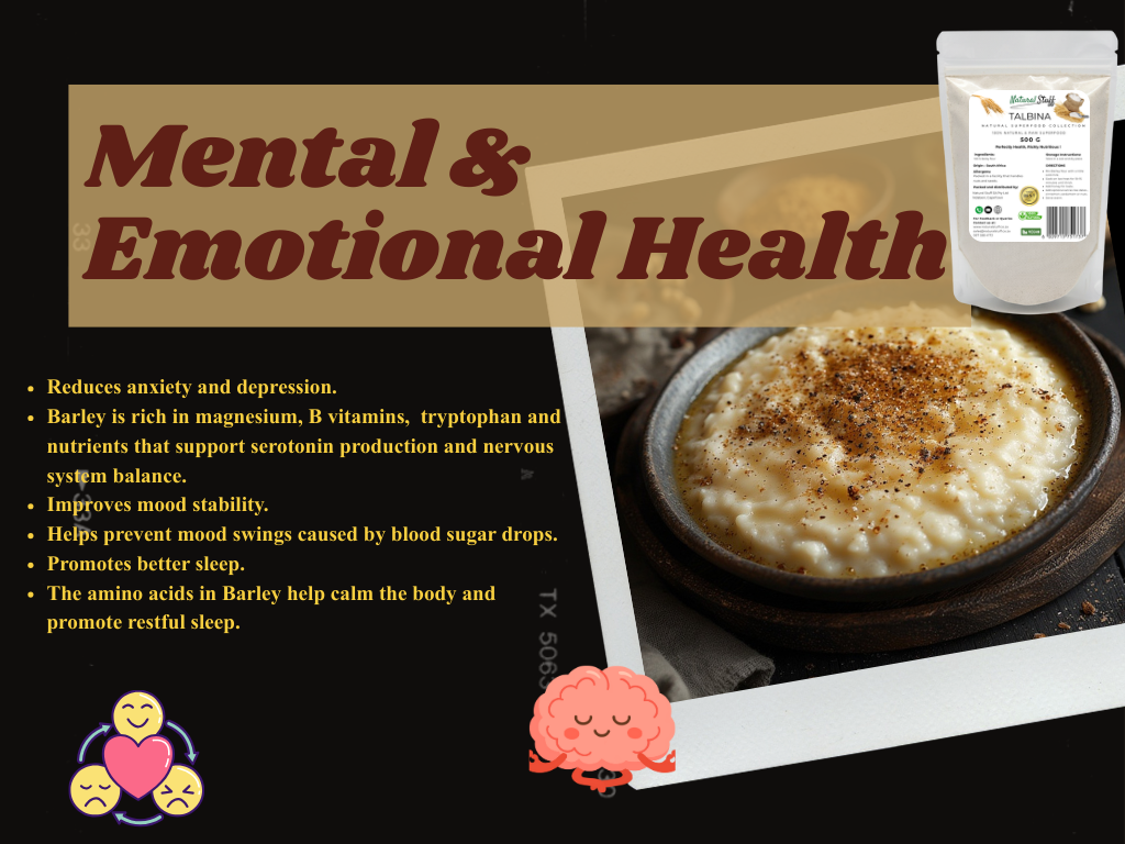 Barley product with text on mental and emotional health benefits on a dark background