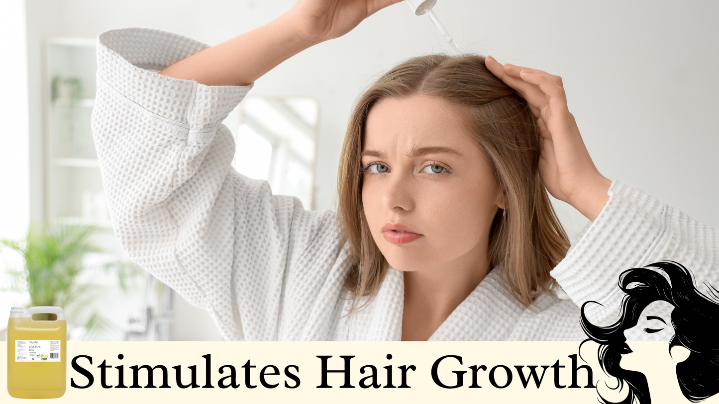 Woman in a white robe with text 'Stimulates Hair Growth' and an illustration of a woman with hair.