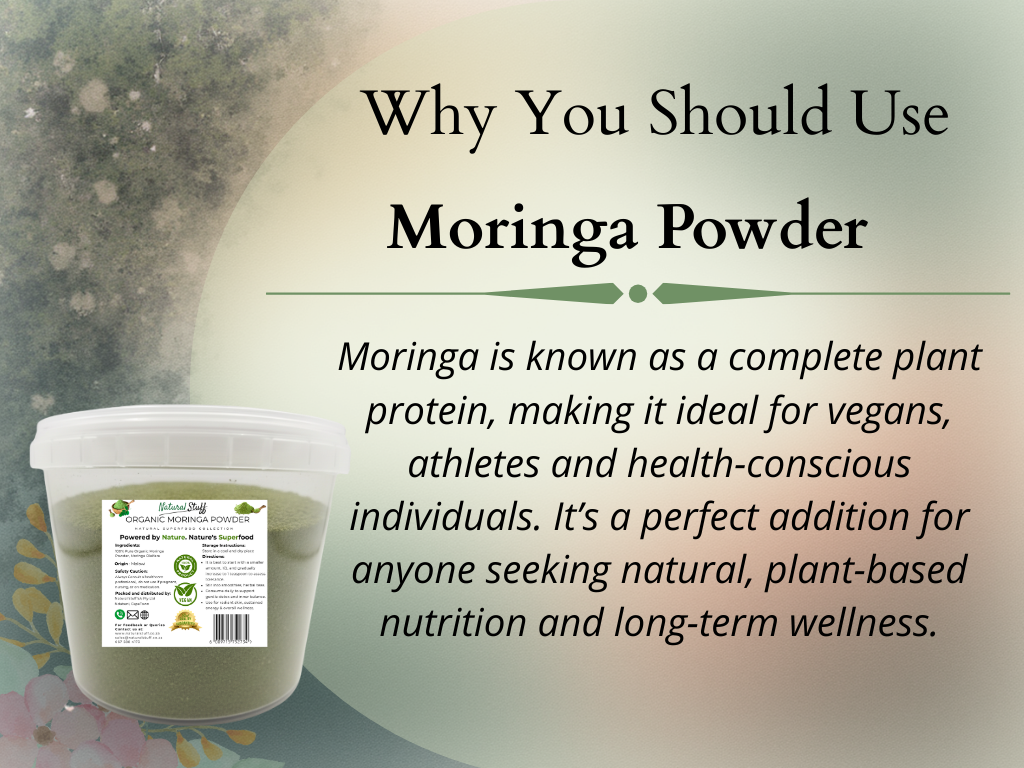 Moringa powder container with promotional text about its benefits