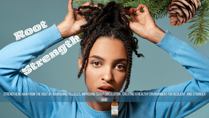 Person with braided hair holding it, wearing a blue sweater with text 'Root Strength' on a gray background.