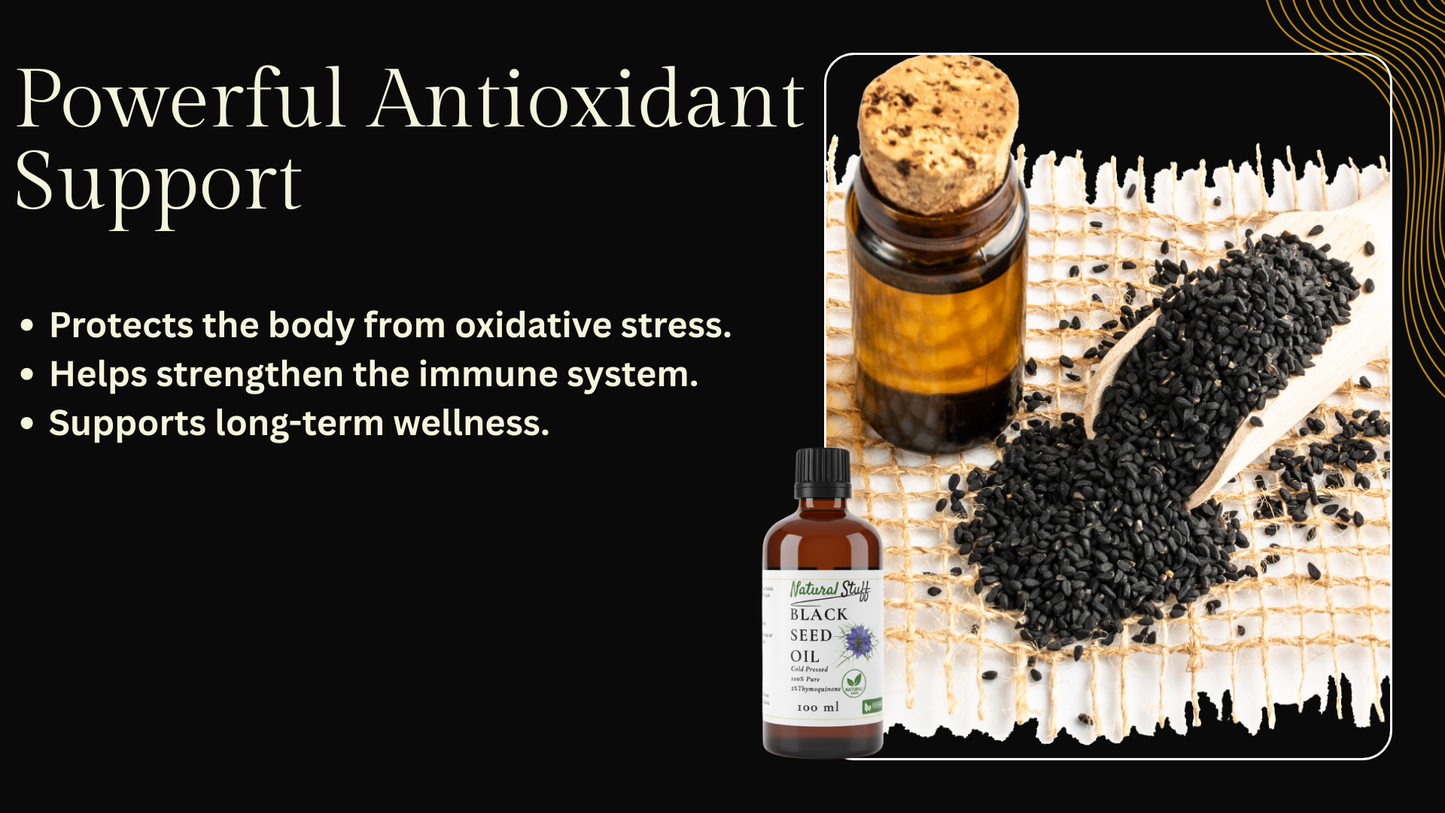 Two bottles of a natural product on a woven mat with text about antioxidant support.
