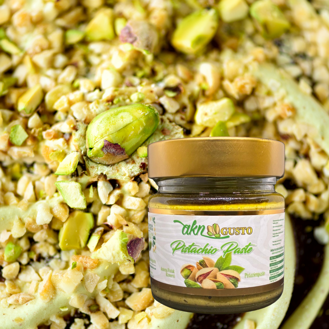 Jar of Akin Gusto Pistachio Paste with pistachios on top