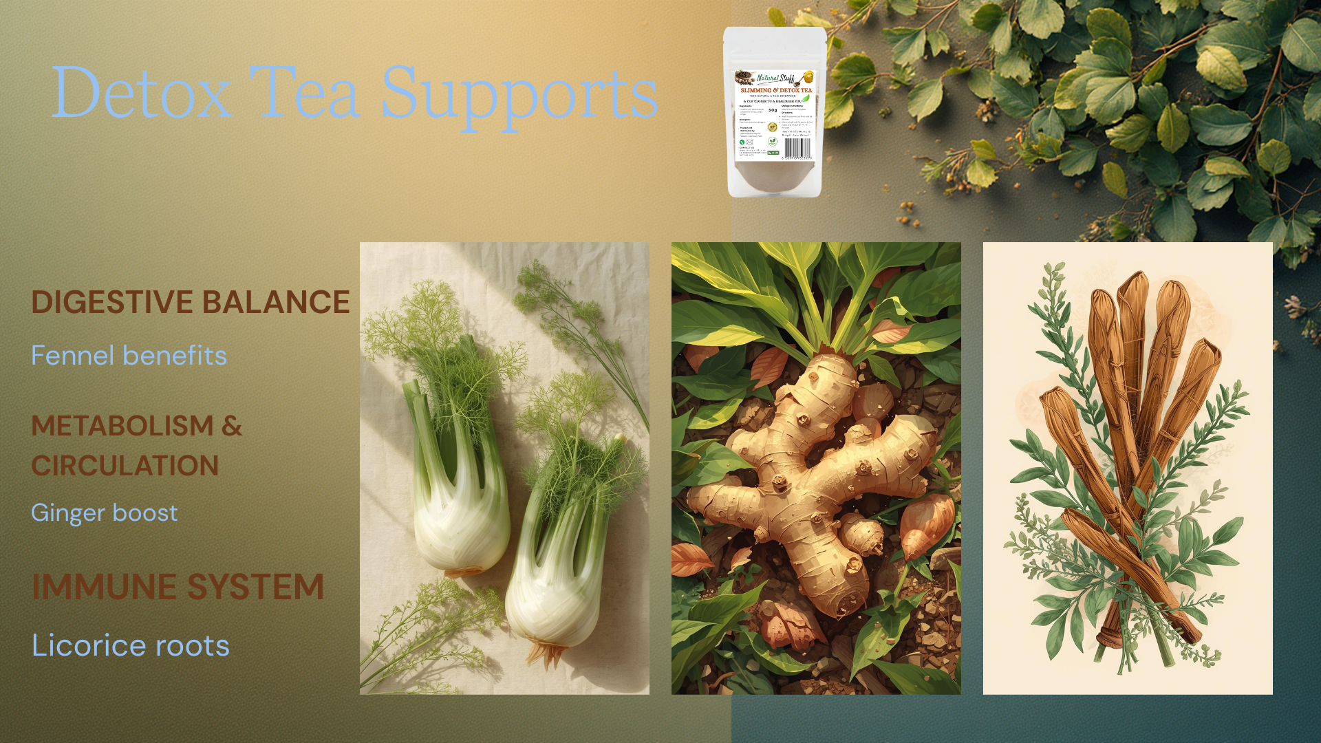 Detox tea packaging with fennel, ginger, and licorice roots on a green background
