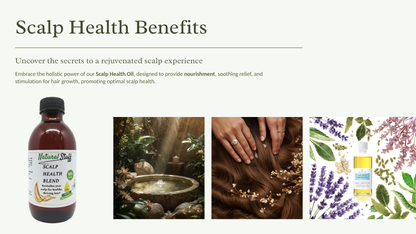 Advertisement for Scalp Health Oil with product image, nature-themed elements, and text about scalp health benefits.