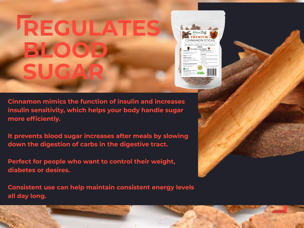 Cinnamon sticks with a cinnamon bark product packaging and text about regulating blood sugar.