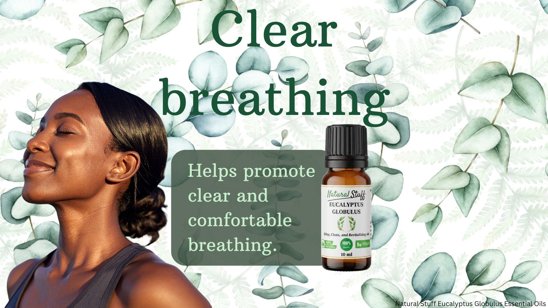 Bottle of essential oil with text 'Clear breathing' and a woman breathing deeply against a green leafy background.