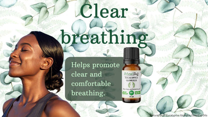 Bottle of essential oil with text 'Clear breathing' and a woman breathing deeply against a green leafy background.
