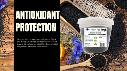 Container of black seeds with text about antioxidant protection on a wooden background.