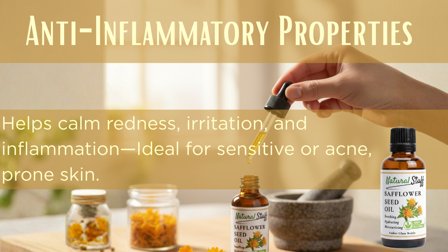 Hand pouring a dropper of oil into jars with text about anti-inflammatory properties on a wooden surface.