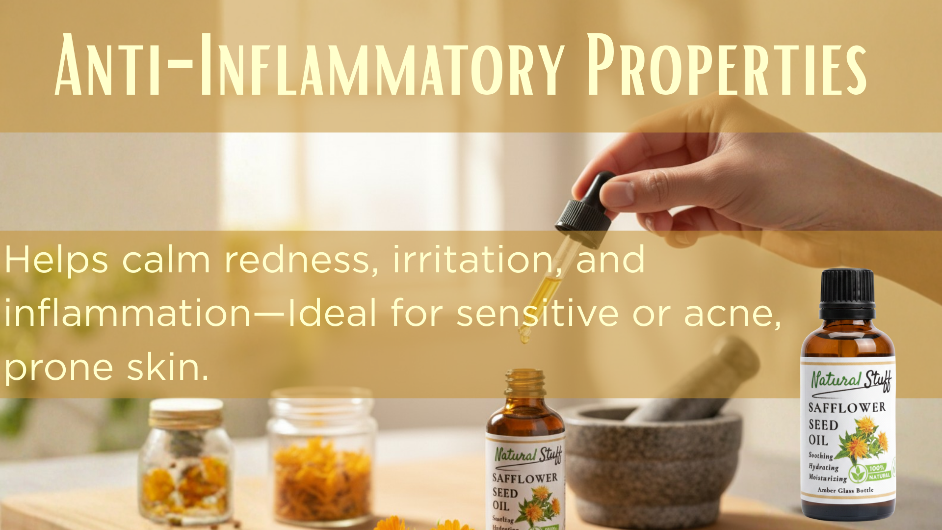 Hand pouring a dropper of oil into jars with text about anti-inflammatory properties on a wooden surface.