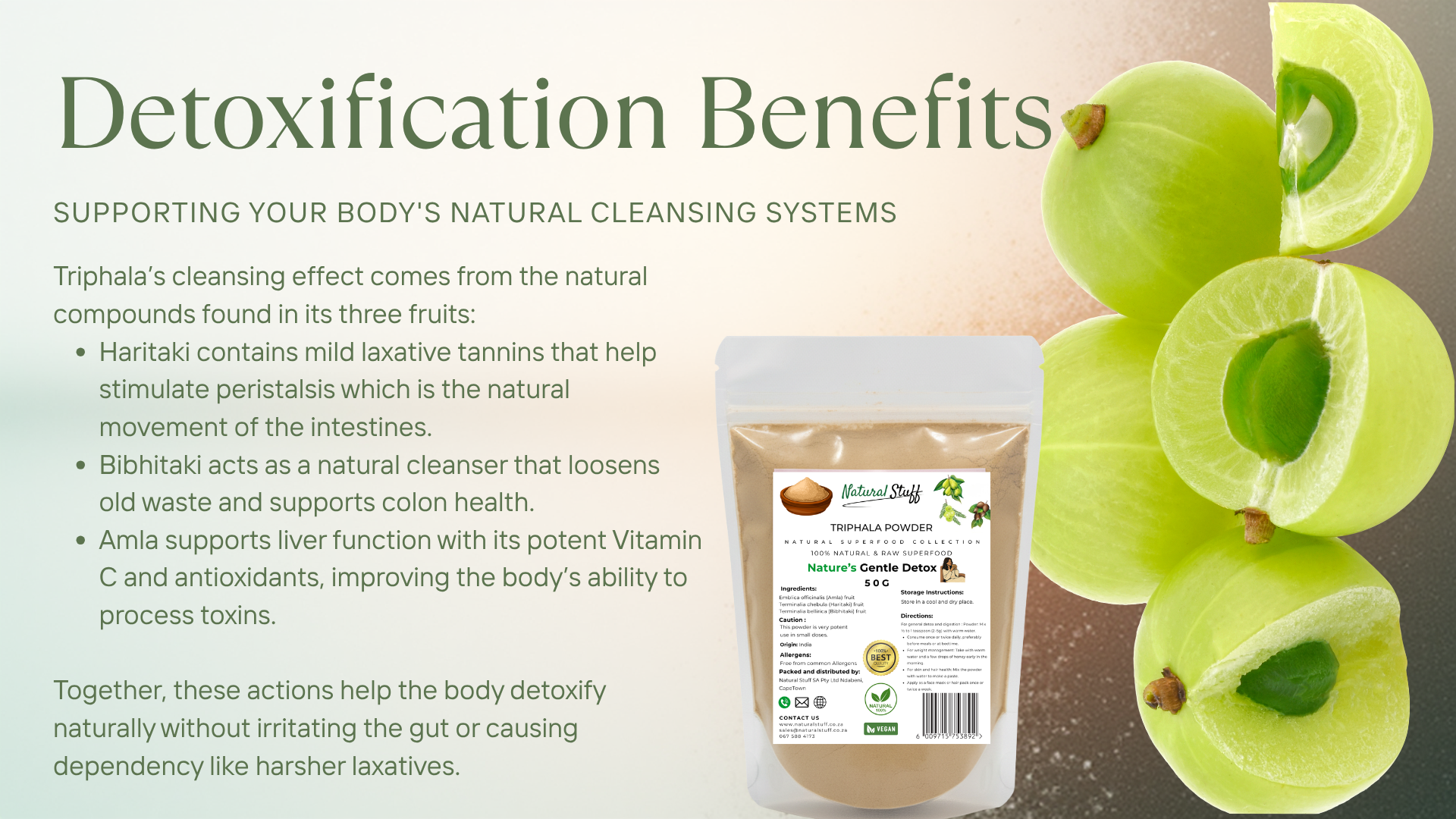 Product packaging with text about detoxification benefits and natural ingredients.