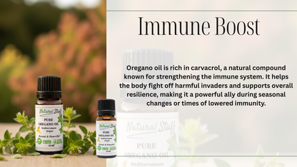 Oregano oil bottles with herbs on a wooden surface and text about immune boost.