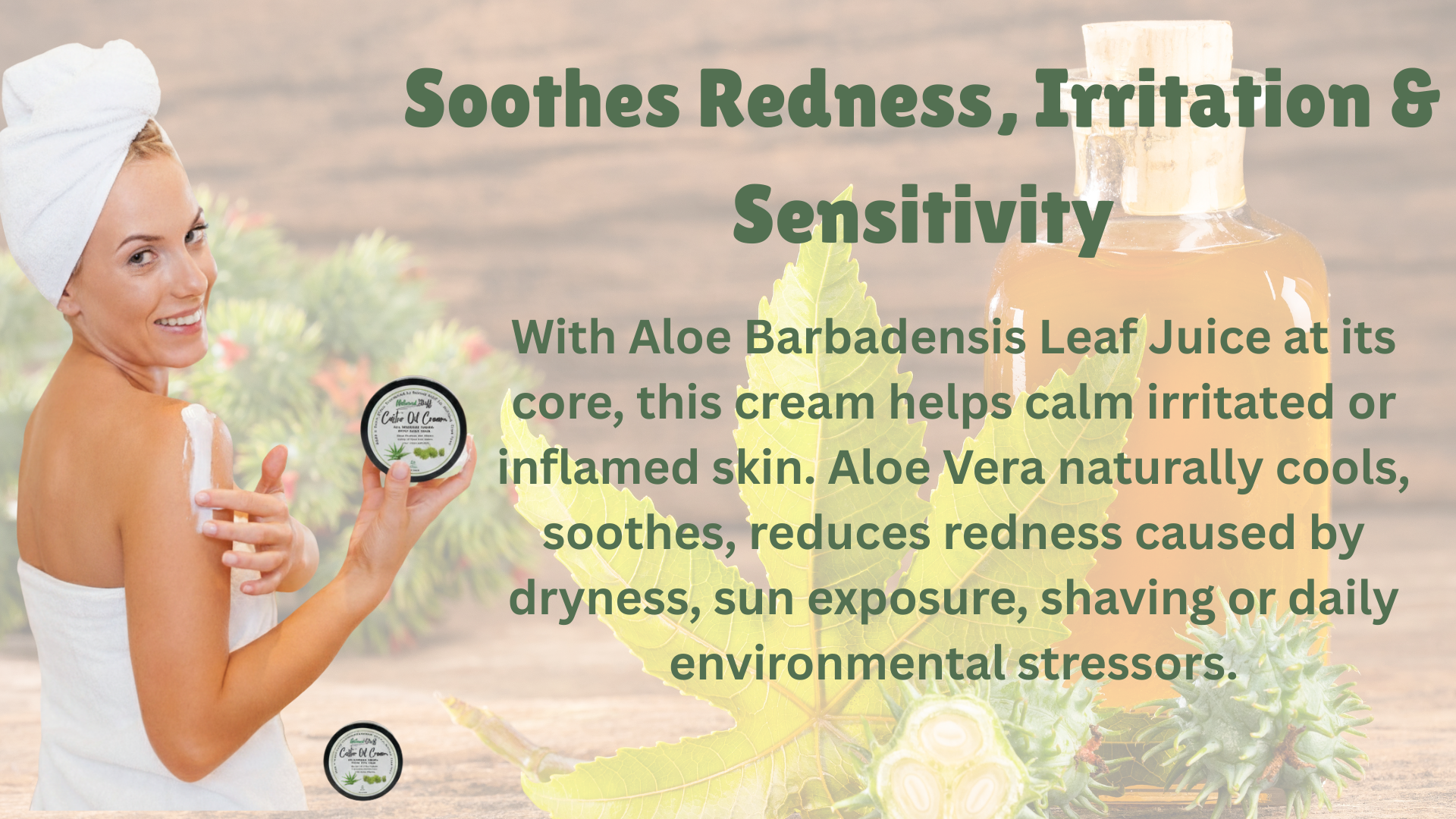 Woman applying cream with aloe vera leaves and text about skin care benefits.