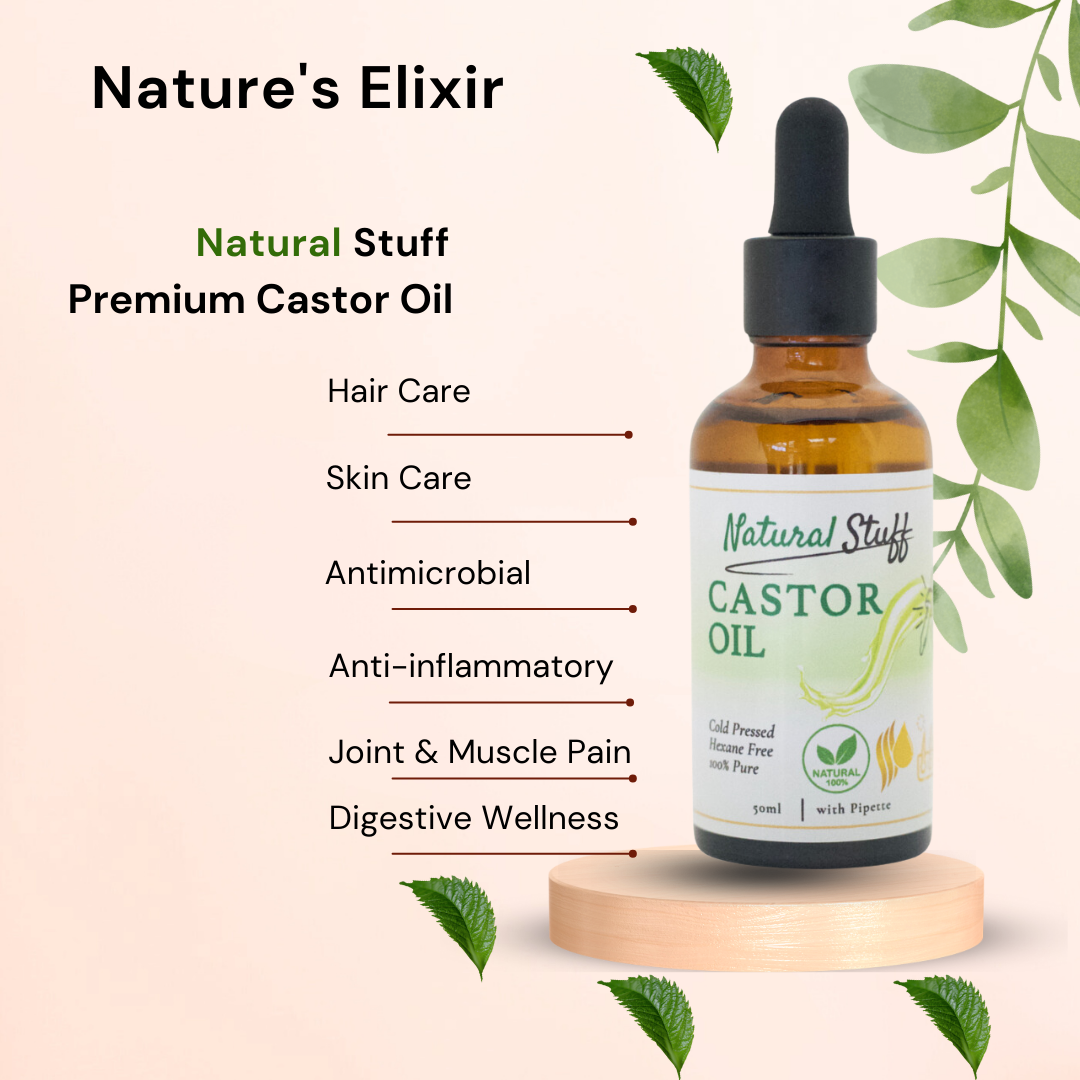 Natural Stuff Premium Castor Oil Cold-pressed Hexane Free 50ml with free 5 Mascara Wands