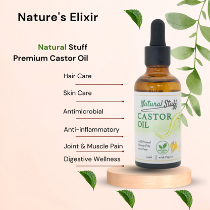 Natural Stuff Premium Castor Oil Cold-pressed Hexane Free 50ml with free 5 Mascara Wands