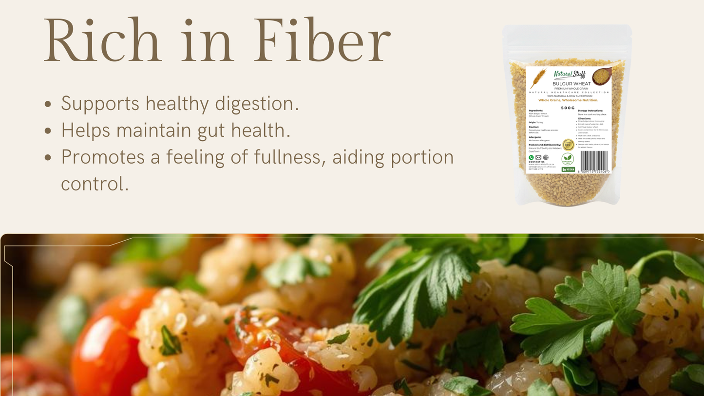 Product packaging with text about fiber benefits and a blurred background of a dish.