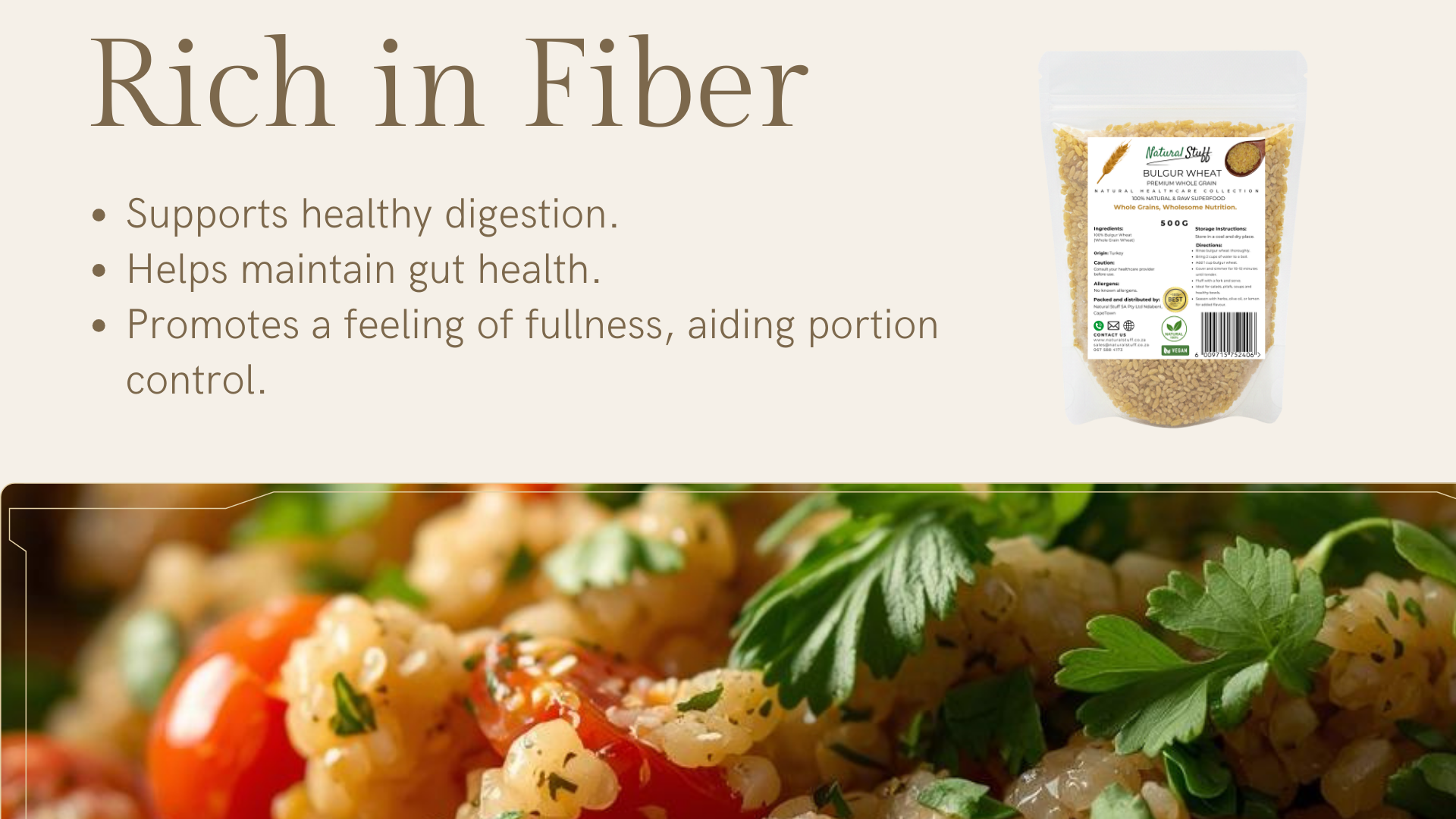 Product packaging with text about fiber benefits and a blurred background of a dish.