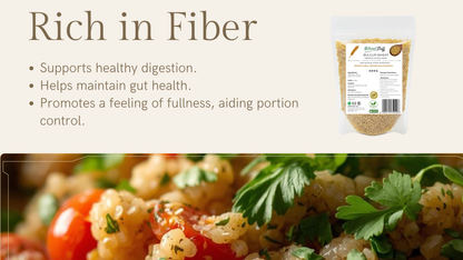 Product packaging with text about fiber benefits and a blurred background of a dish.