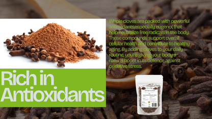 Cloves and clove powder with text about antioxidants on a white background