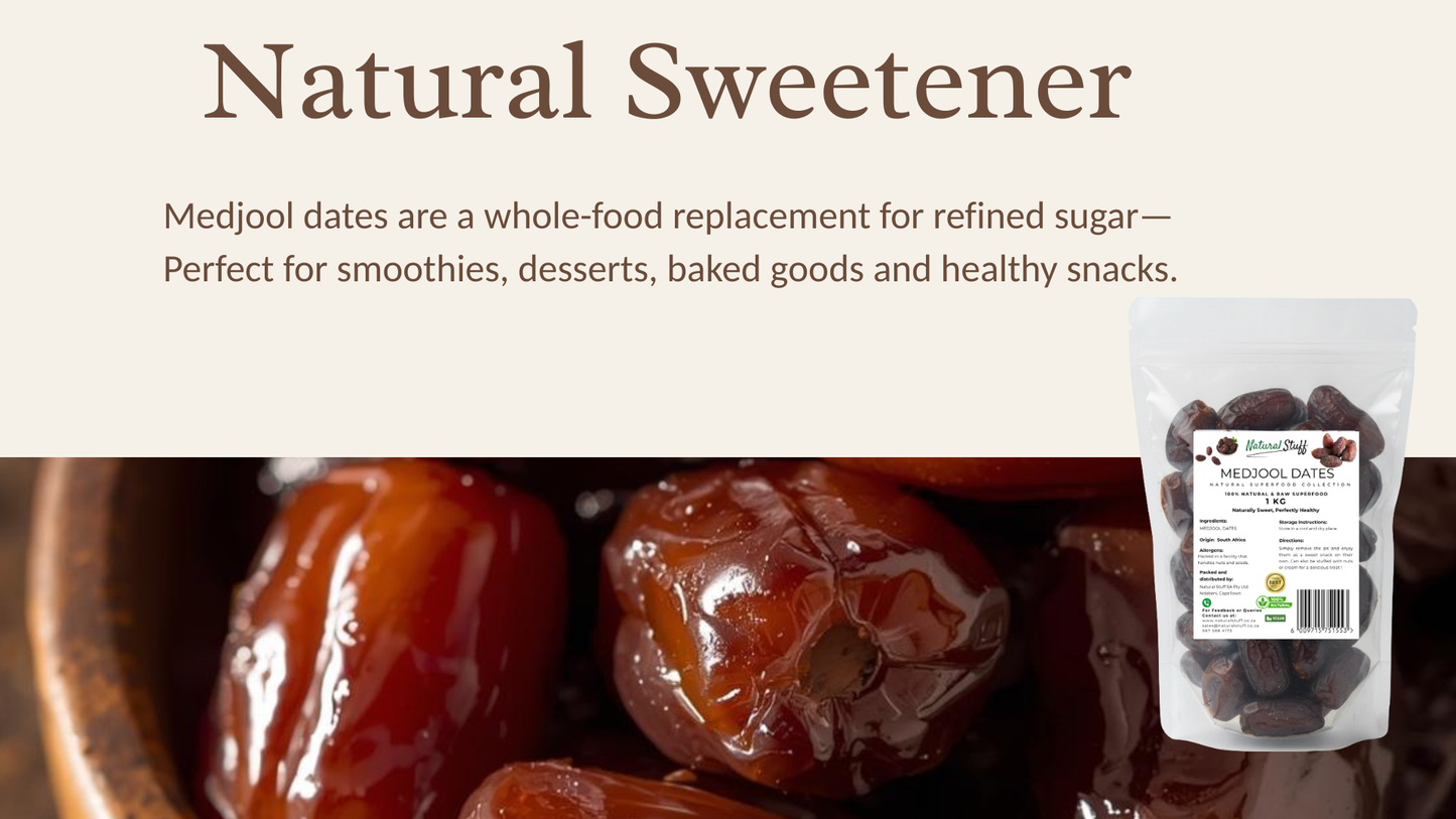 Medjool dates and a package of Medjool dates with text about natural sweeteners on a brown background.