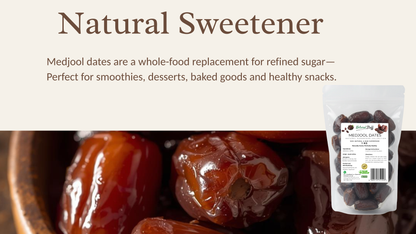 Medjool dates and a package of Medjool dates with text about natural sweeteners on a brown background.