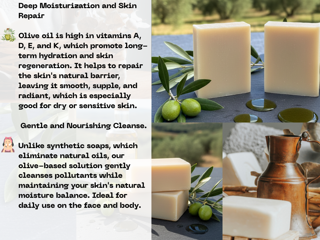 Olive oil soap with text about deep moisturization and skin repair, olive leaves, and a decorative vase.