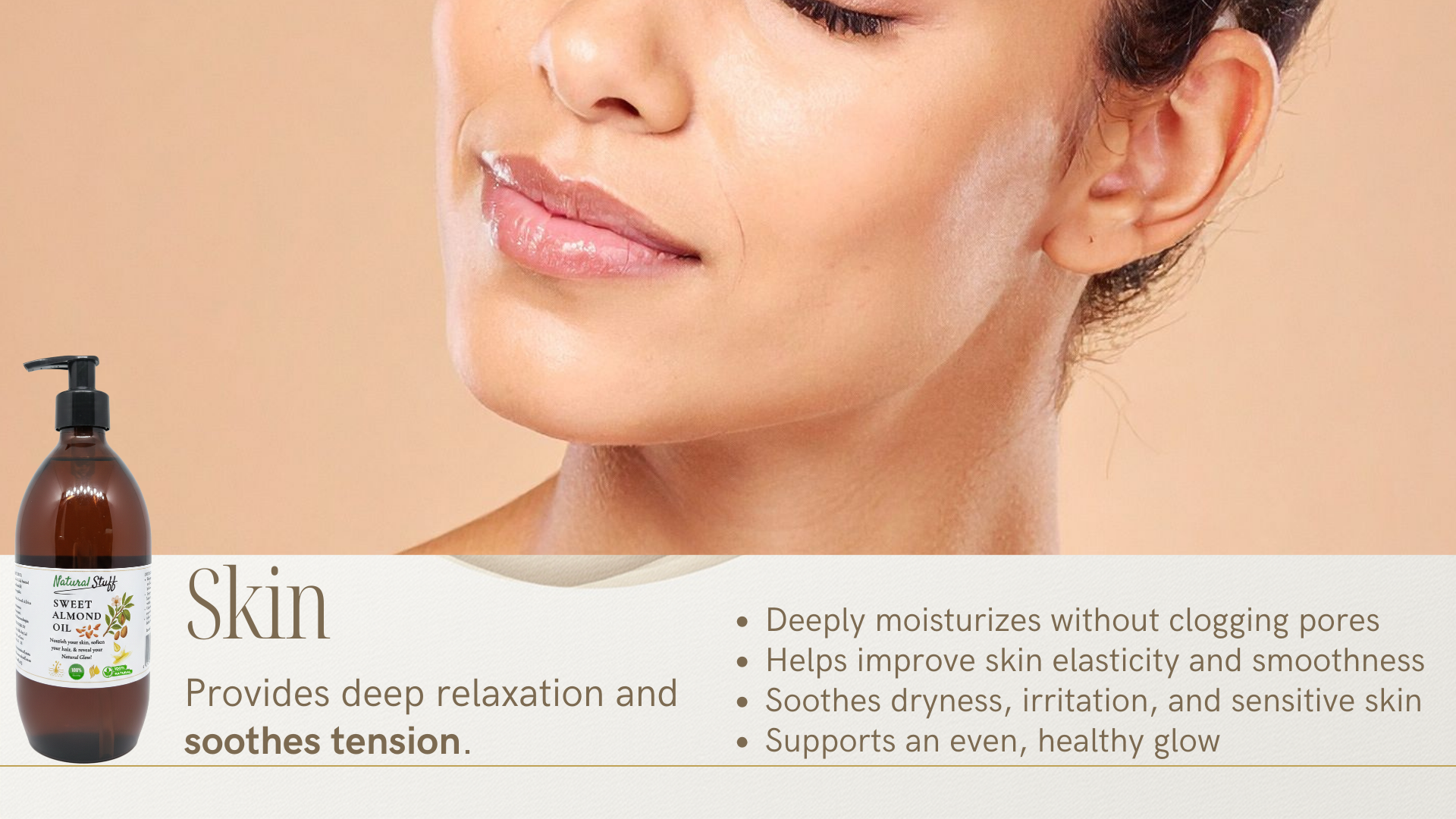 Woman's face with a bottle of skincare product on a beige background