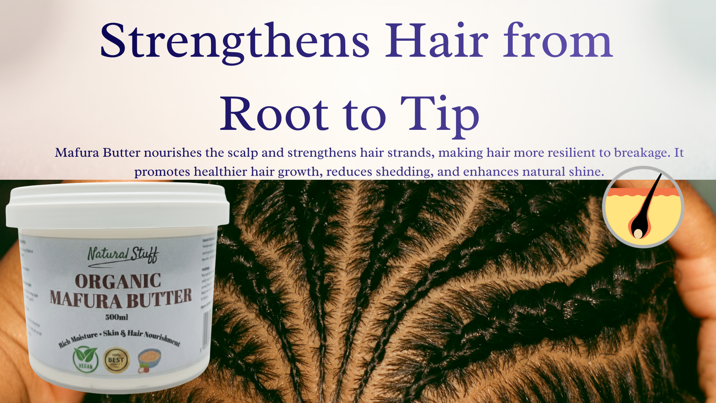 Container of Organic Mafura Butter with text about hair benefits on a beige background