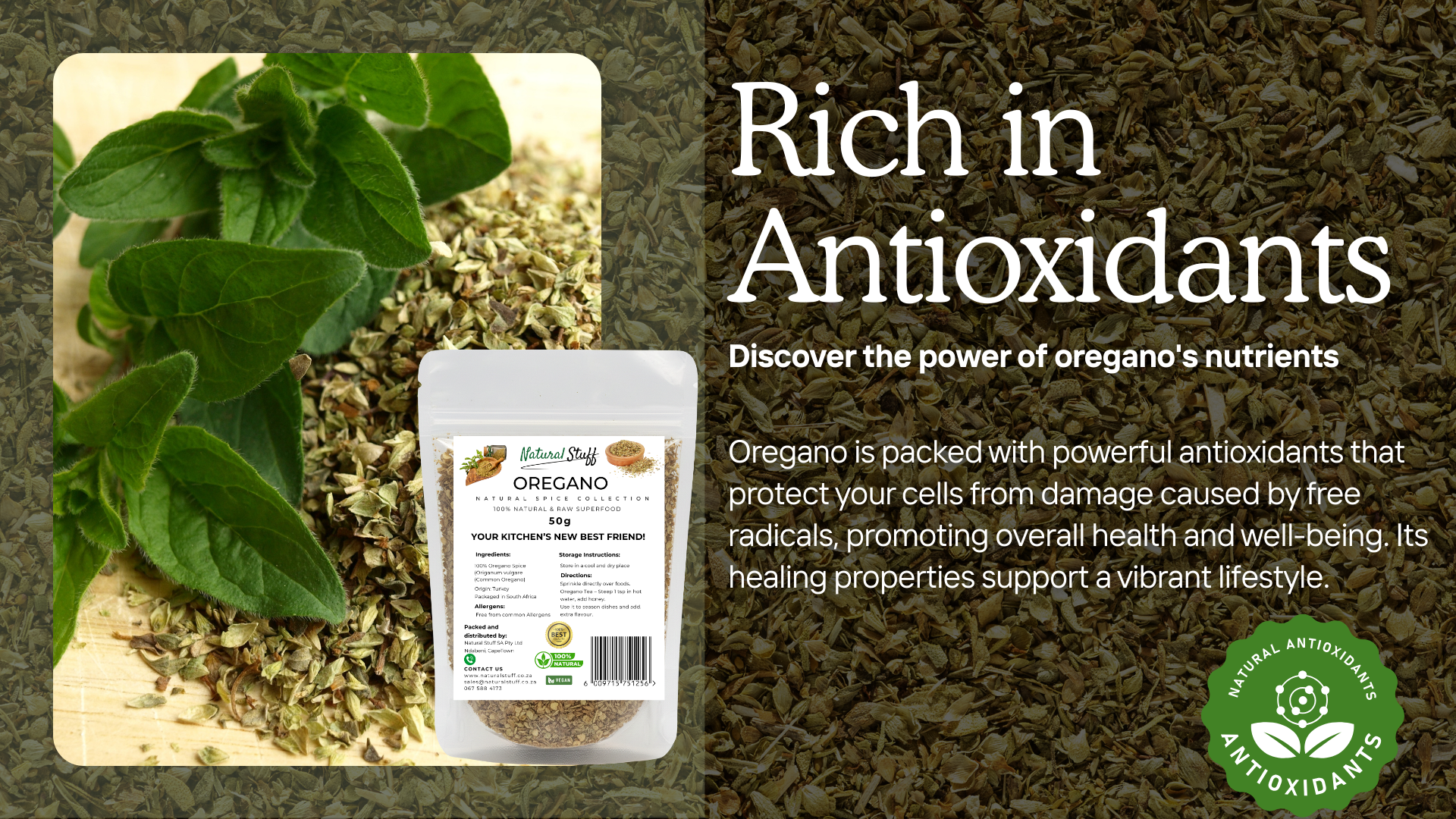 Oregano packaging with text highlighting antioxidants and health benefits on a textured background