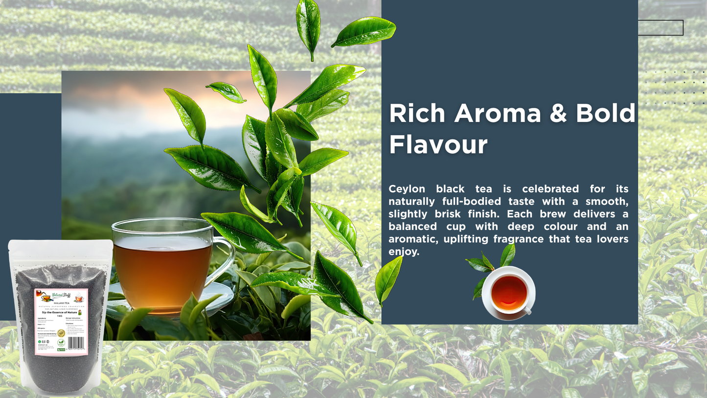 Tea packaging with a cup of tea, tea leaves, and scenic background.