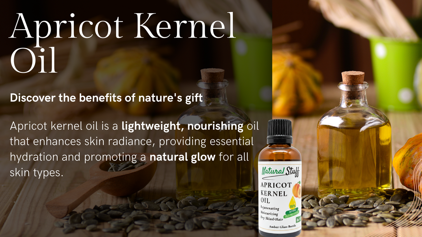 Advertisement for apricot kernel oil with bottles and kernels on a wooden surface.