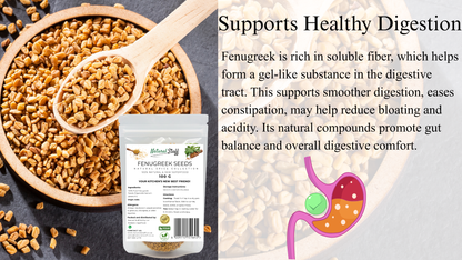 Fenugreek seeds in a wooden bowl with a package and digestive system illustration on a gray background.