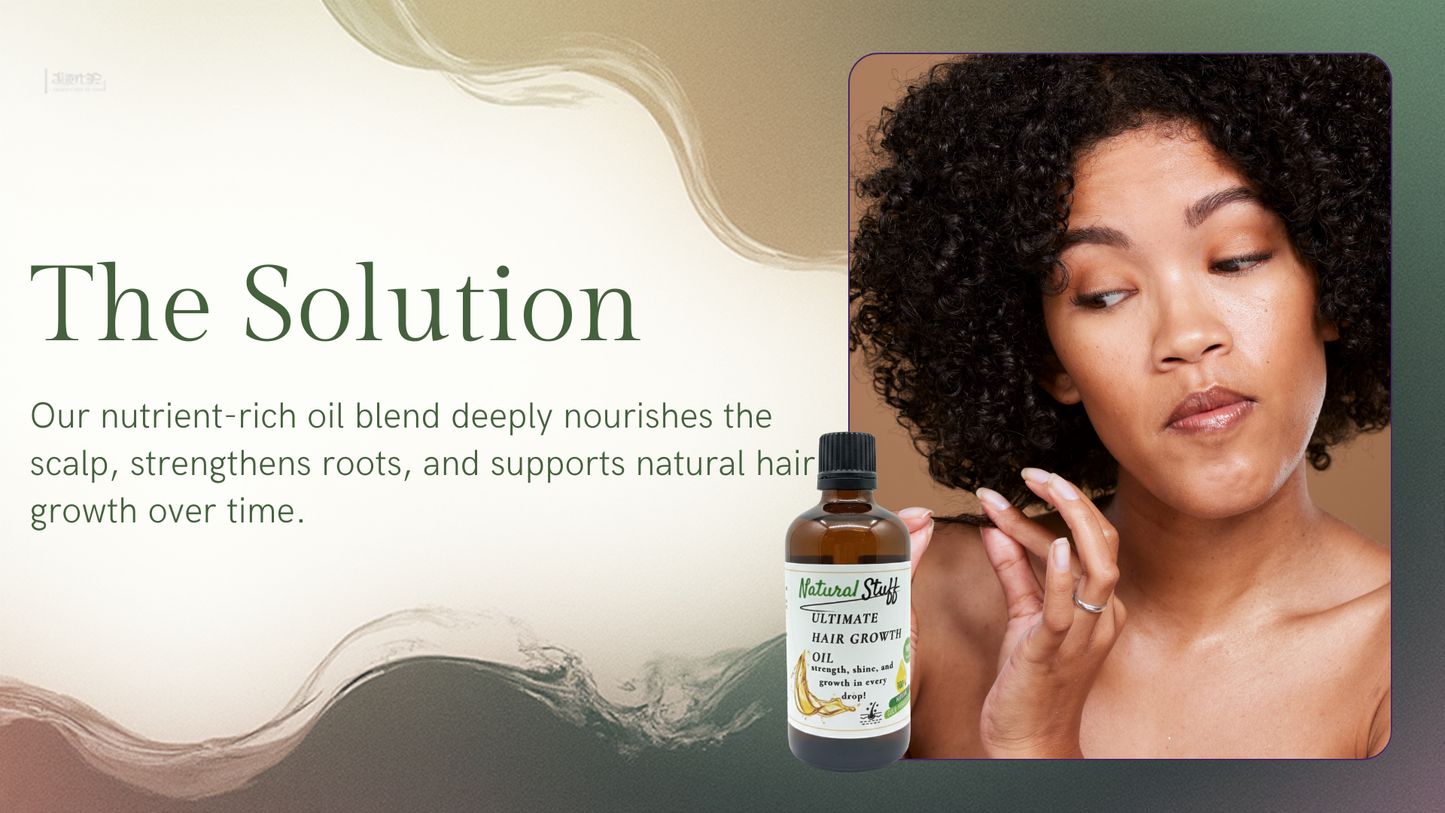 Bottle of hair care product with a woman holding her hair, set against a beige background with text about hair solution.