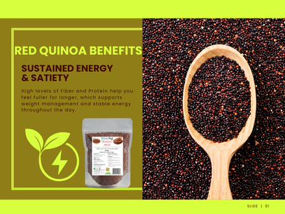 Red quinoa benefits displayed with a spoonful of quinoa and packaging on a green background.