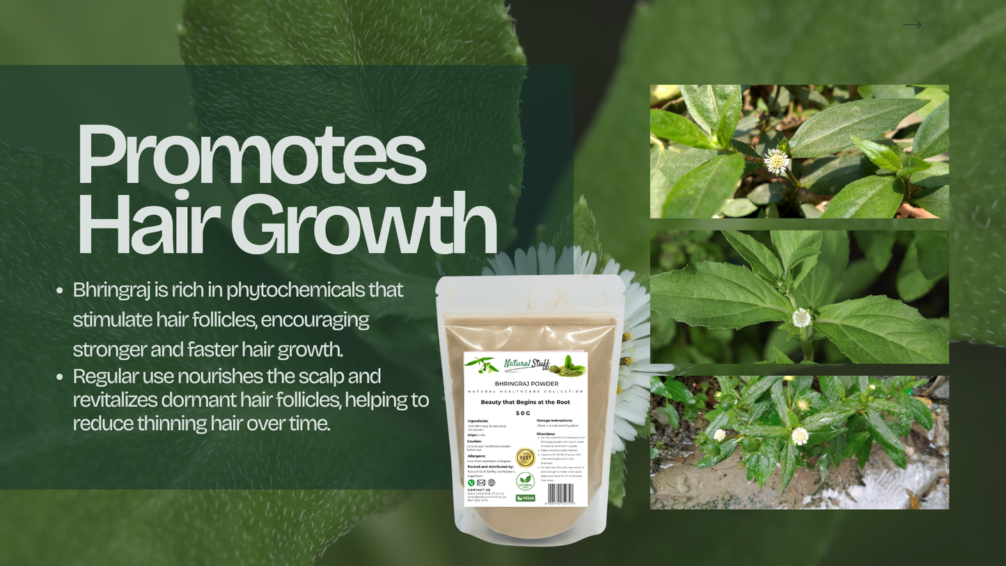 Product packaging for hair growth supplement with greenery and text on a dark green background