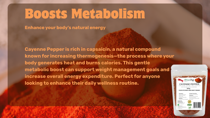 Cayenne pepper with text about boosting metabolism and its benefits.
