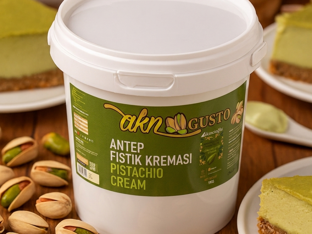 Bucket of AKN Gusto Pistachio Cream with pistachios and a slice of cake in the background