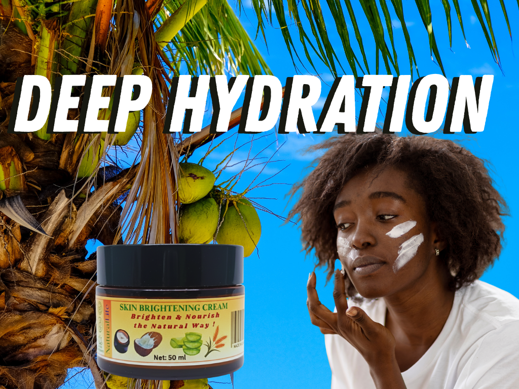 Skincare product with a woman applying cream and palm tree in the background, labeled 'Deep Hydration'.