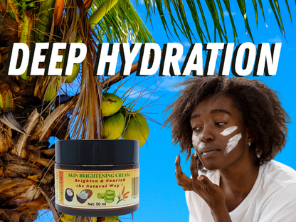 Skincare product with a woman applying cream and palm tree in the background, labeled 'Deep Hydration'.