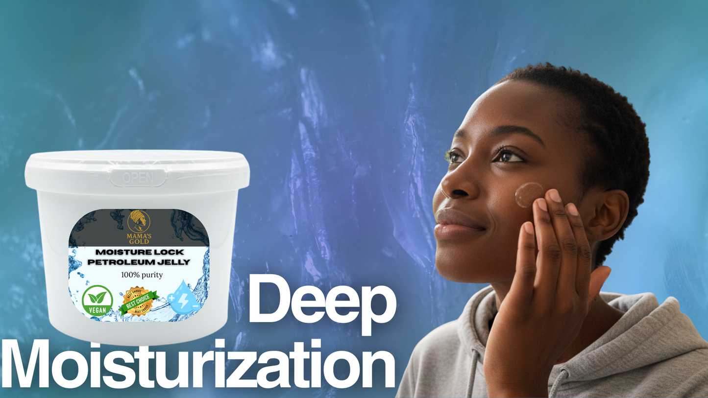 Person applying petroleum jelly with product packaging and 'Deep Moisturization' text on a blue background