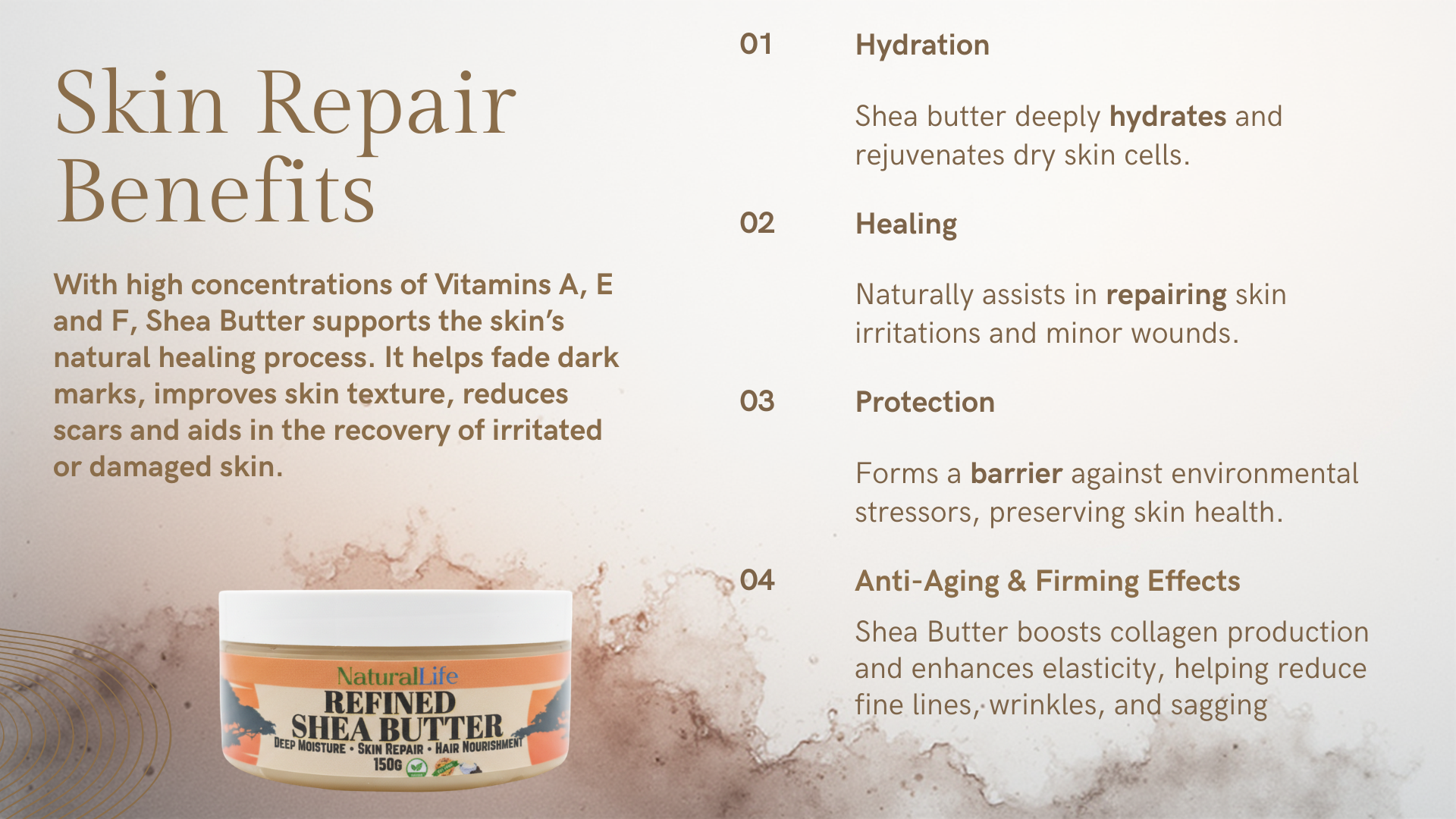 Shea butter packaging with text detailing its skin repair benefits on a textured beige background