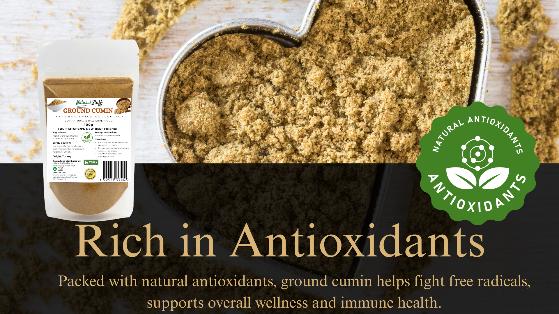 Ground cumin with packaging and text highlighting antioxidants and health benefits.