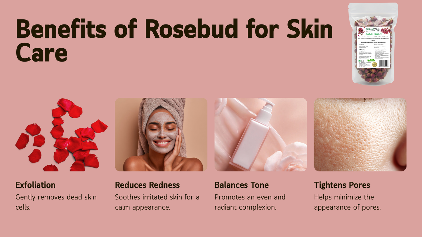 Rosebud skincare benefits with images and text on a pink background