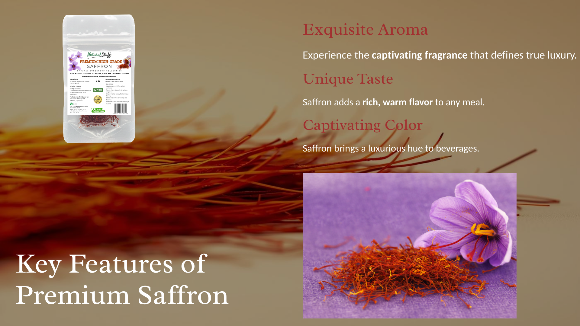 Advertisement for premium saffron with packaging, saffron strands, and a saffron flower on a brown background.