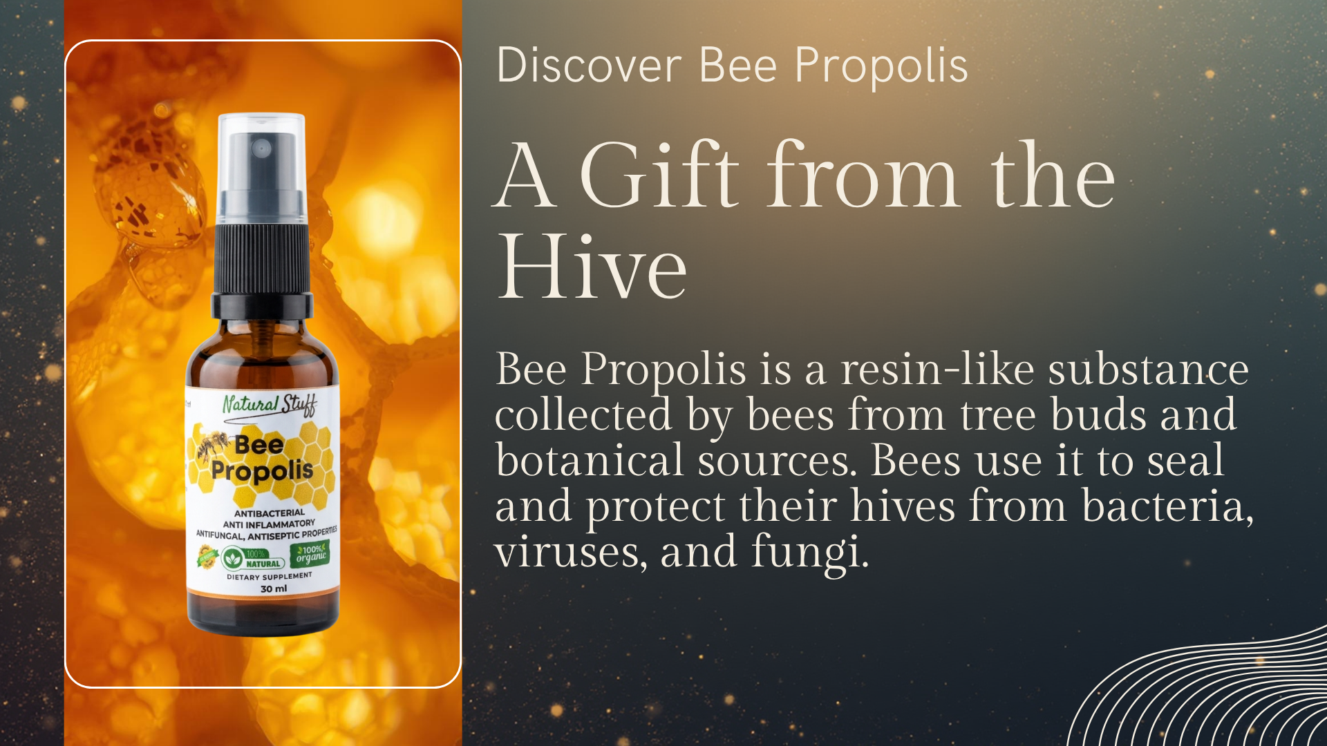 Bee Propolis product with descriptive text on an orange and black gradient background